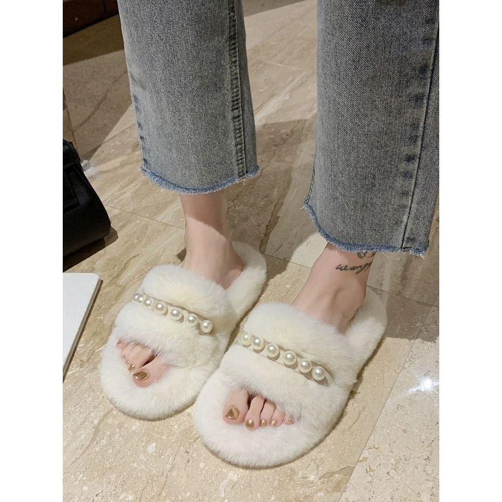 Жемчужные пушистые тапочки женские для улицы весна и осень 2025 новый плюшевый бисерный шлепанец для дома, для пола в помещении, хлопковый шлепанец