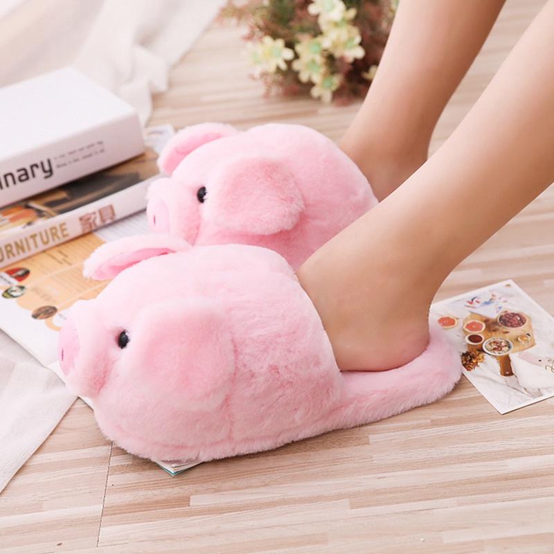 Women Pink Piggy Plush Slippers Indoor Floor Shoes Pig Cartoon Animals Winter Warm Anti-slip Slippers