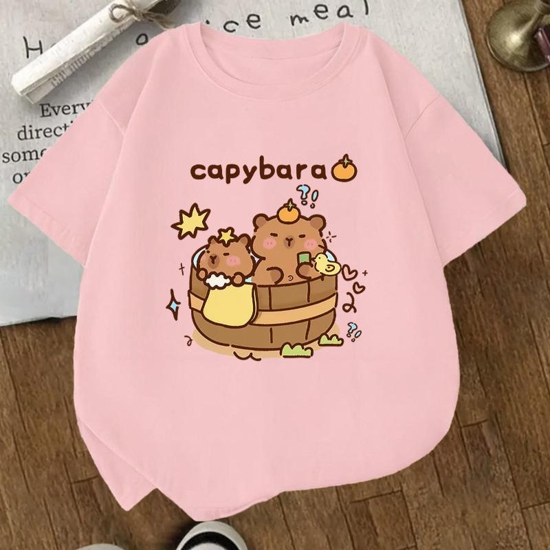 Kids Crewneck Short Sleeve Tee, Capybara Pufferfish Print Sports Casual Top for Kids