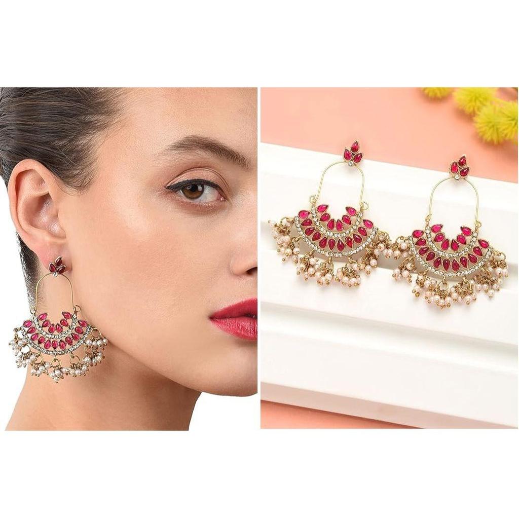 Pink Kundan Austrian Diamonds & Beads Dangle Ethnic Earrings For Women