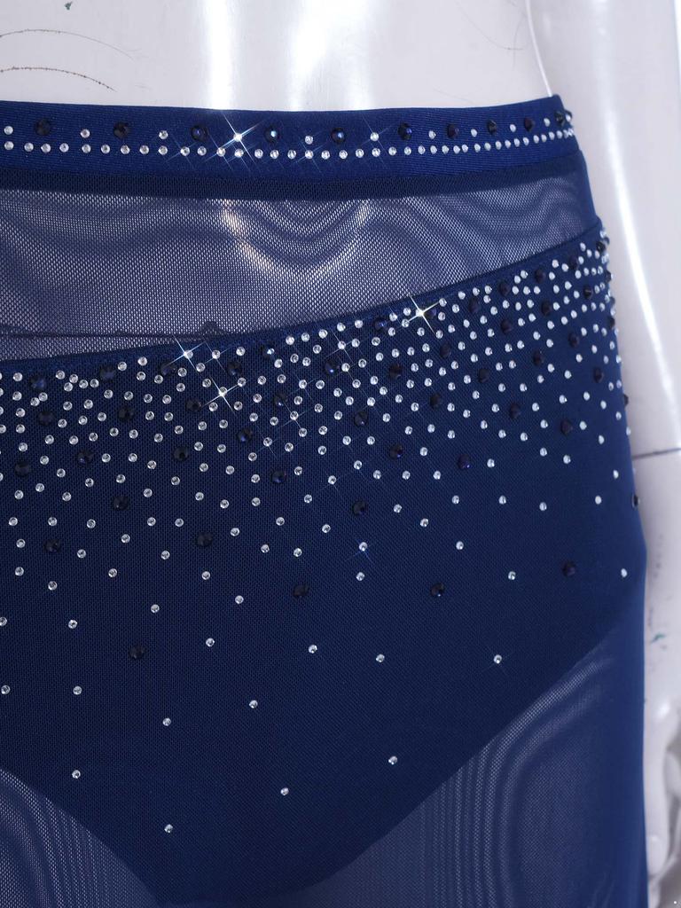 Women Rhinestone Mesh Patchwork Halter Crop Top and Elastic Waistband Wide Leg Pants Set with Built-in Shorts for Dance Performance Clubwear