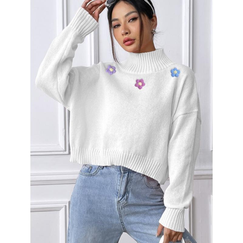 Женский короткий свитер с цветочным узором ручной вязки крючком на осень и зиму, повседневный свитер с высоким воротом