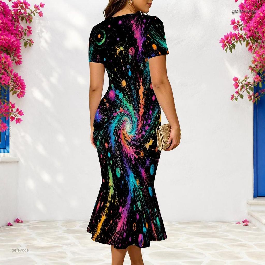 Women Plus Size V Neck Short Sleeve Multicolor Printed Fishtail Dress