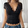 Spring and Summer Women's Sexy Deep V Slim Neckless Knit Embroidered Short Sleeve Top