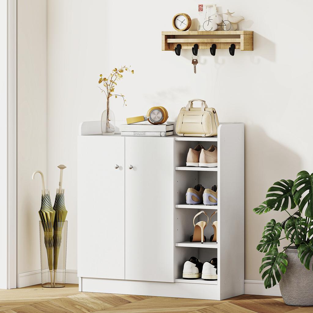 Shoe Rack for 12 Pairs, 4 Open Shelves, 2 Doors, Adjustable Shelves, 83x30x90cm, White