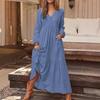 Women Bohemian Cotton Linen Dress Oversized V-neck Long Sleeve Swing Dress Pleated Ruffle Tiered Flowy Long Dress