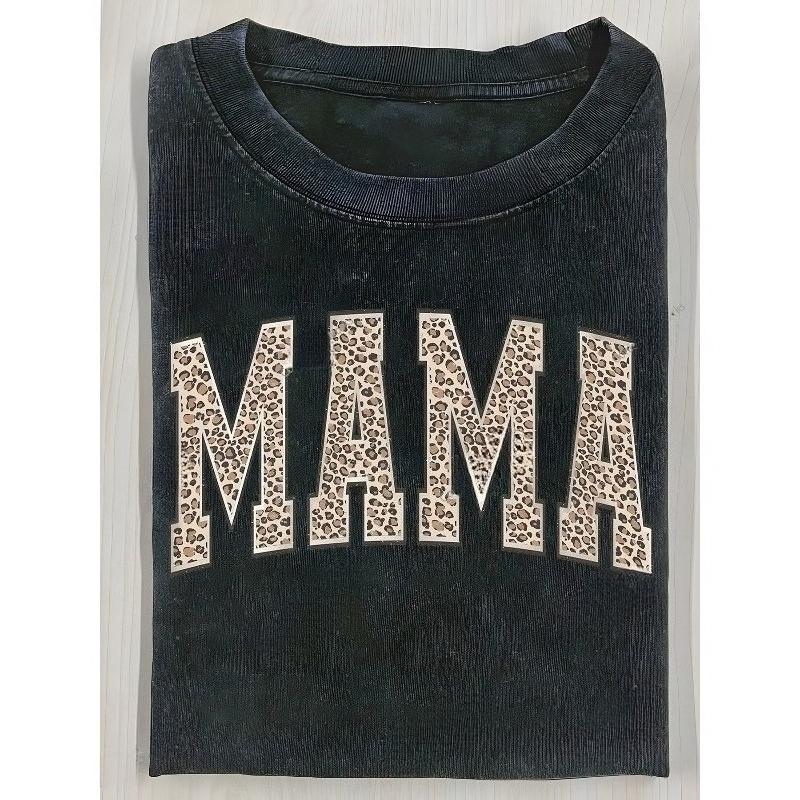 Европейские размеры Мужская футболка Ретро Леопардовый принт Графика MAMA с надписью, Унисекс Повседневная футболка с круглым вырезом, Повседневная одежда