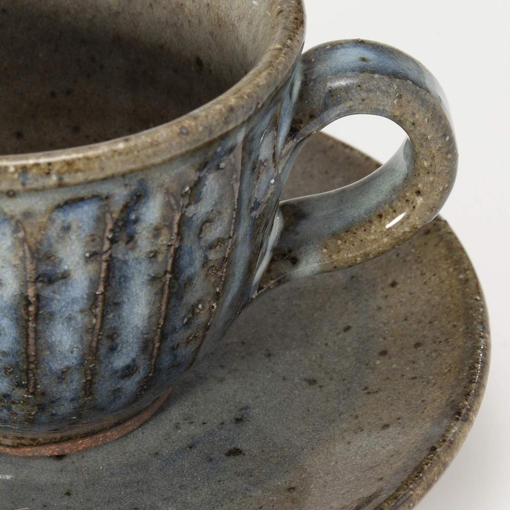 Кружка и блюдце для кофе Marui Seito Shigaraki Ware Hechimon, синяя гравировка Хаги, круглые, прибл.. Вместимость 180 мл, Керамика, Сделано в Японии, MR-3-3265