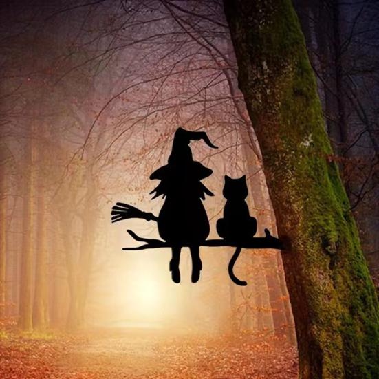 Halloween Garden Stake Witch And Cat Tree Decoration Iron Tree Stake with Pre-drilled Holes for Patio Yard Garden Decor