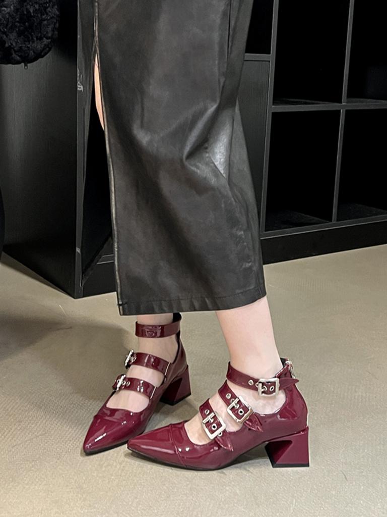 Fashion Women Sandals Pointed Toe Fashion Sandals Boots Black Red Ankle Strap Thick High Heels Party Pumps Sexy Party Sandals Size 35-39