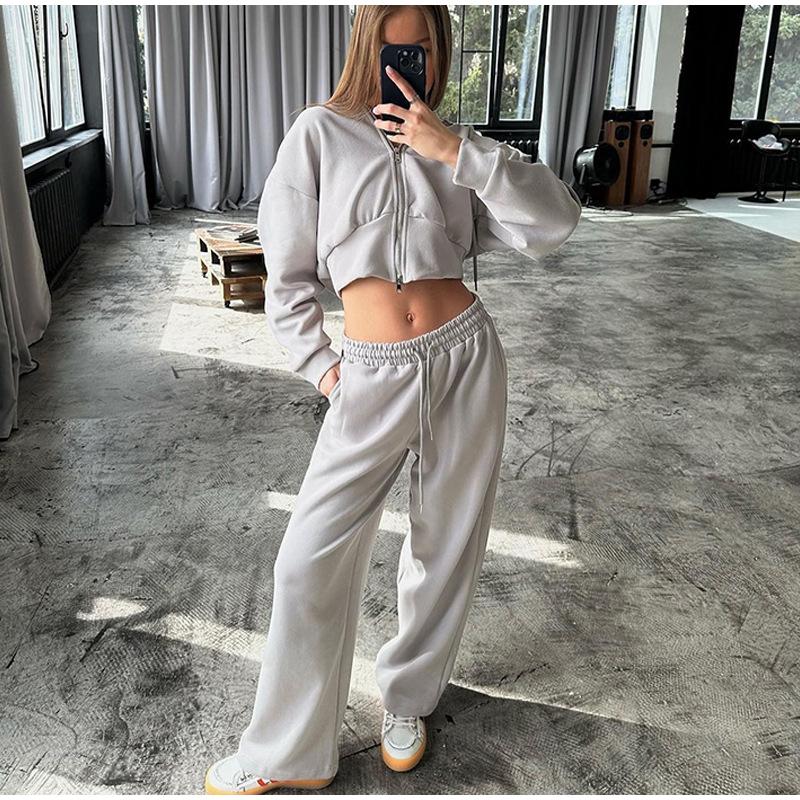 Casual Solid Color Hoodies Pants Set Women Long Sleeve Zipper Short Sweatshirt Slim Drawstring Trouser 2025 Spring Autumn New Lady Tracksuit