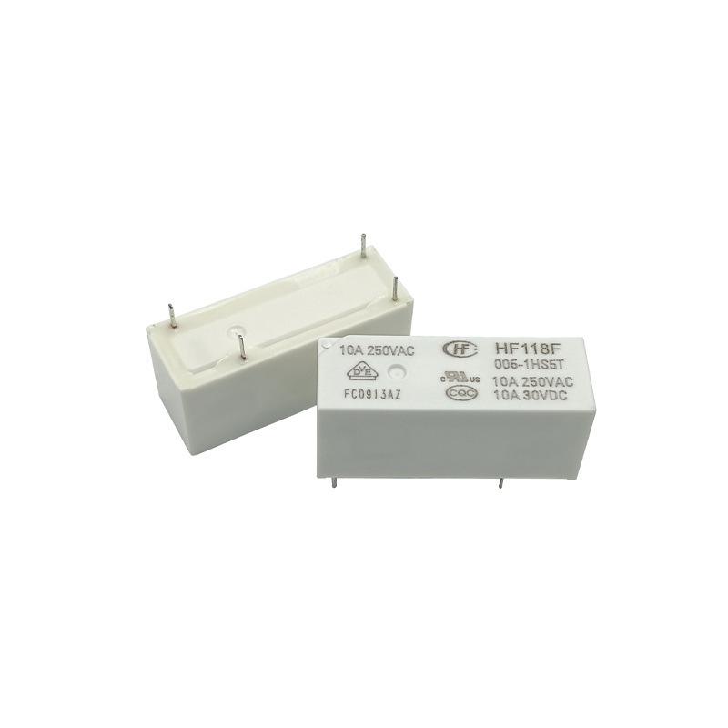 Hongfa Relay HF118F Series: HF118F-005-1HS5T and HF118F-012-1HS5T, 10A, 4-Pin, Normally Open.