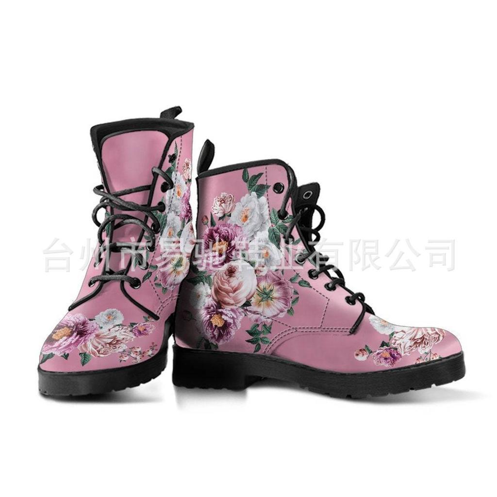 Large Size Women's Leather Boots Color Printed Nude Boots Fashion British Handmade Lace-Up Martin Boots