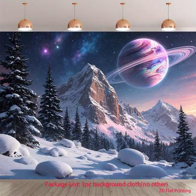 2D Starry Night Winter Backdrop Snowy Mountain Space Planet Photo Booth Banner
