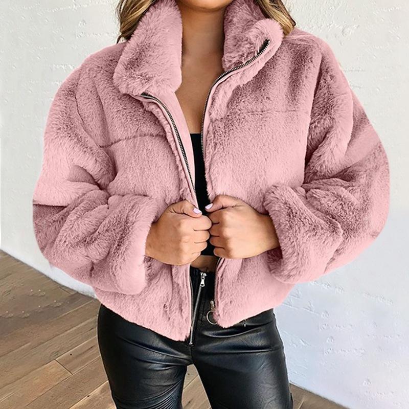 Women's Autumn Winter Faux Fur Short Coats Zipper Cardigan Plush Warm Coat Female Oversized Outerwear Overcoat Thick Jacket