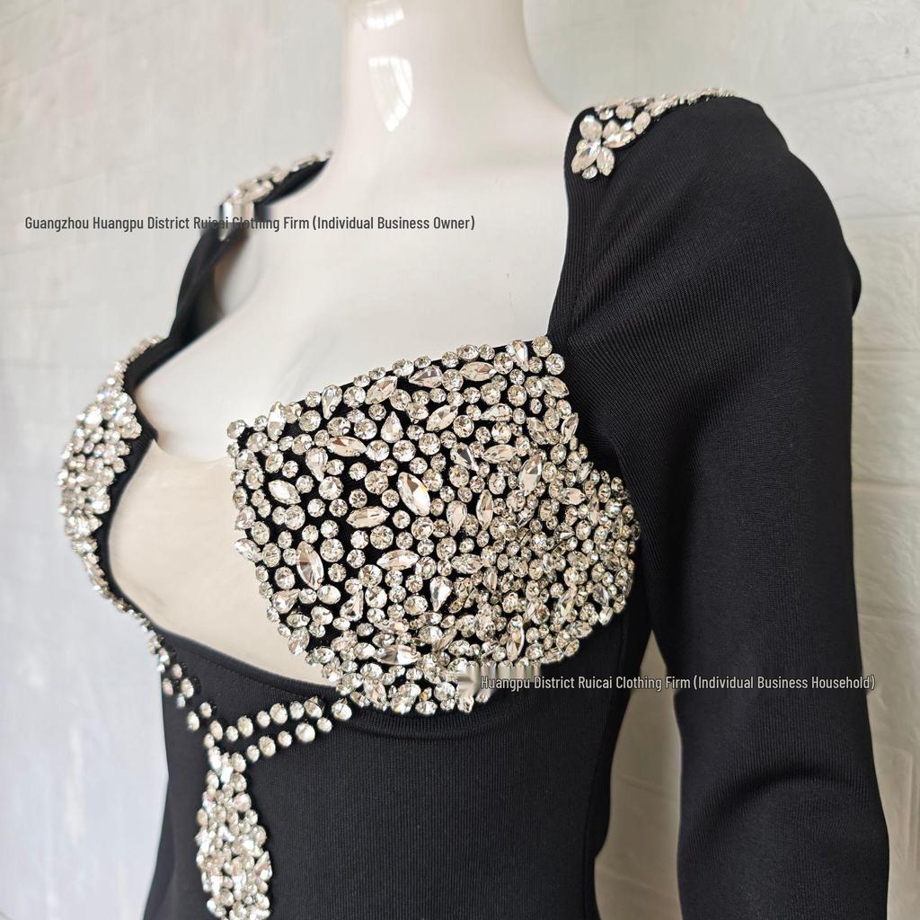 Европейское и американское вечернее платье с бандажом и воротником-стойкой, инкрустированное стразами, 2025, роскошный стиль.