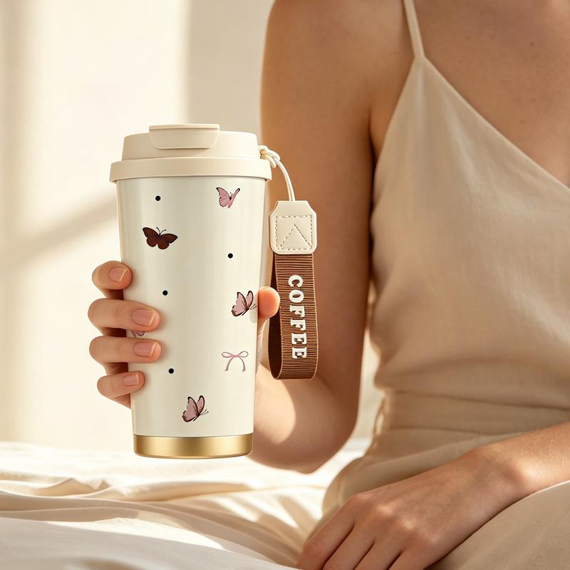Coffee Mug 532ml Butterfly, Polka Dot & Bow Elements Lanyard Insulated Cup Leakproof Coffee Cup Beach Cup Car Cup Large Capacity Cup