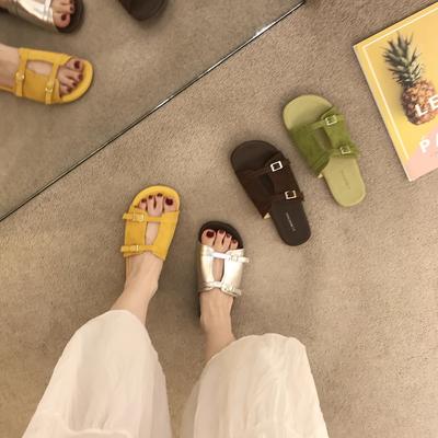 Модные винтажные шлепанцы на плоской подошве, летние женские шлепанцы с круглым носком и открытым носком, с металлической пряжкой, для отпуска, новые сандалии на мягкой подошве для пляжа