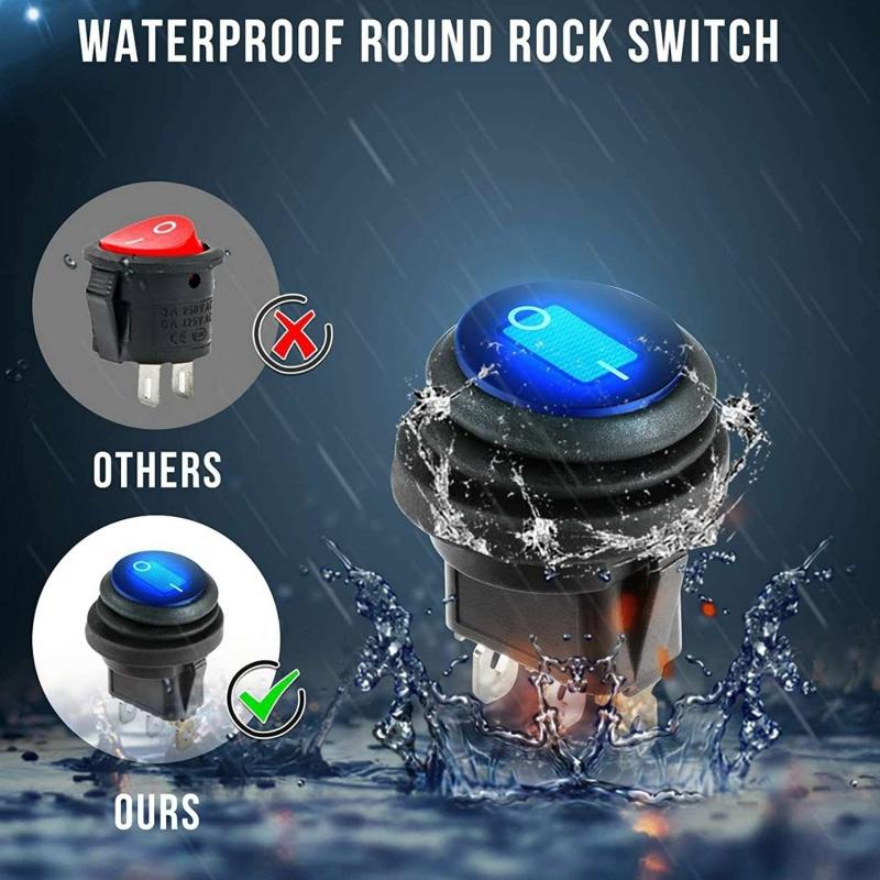12V 20A Waterproof Rocker Switch Blue LED Lighted Round ON Off 3 Pin 12 Volt Weatherproof for Marine Car RV Truck Pushbutton Switches 3