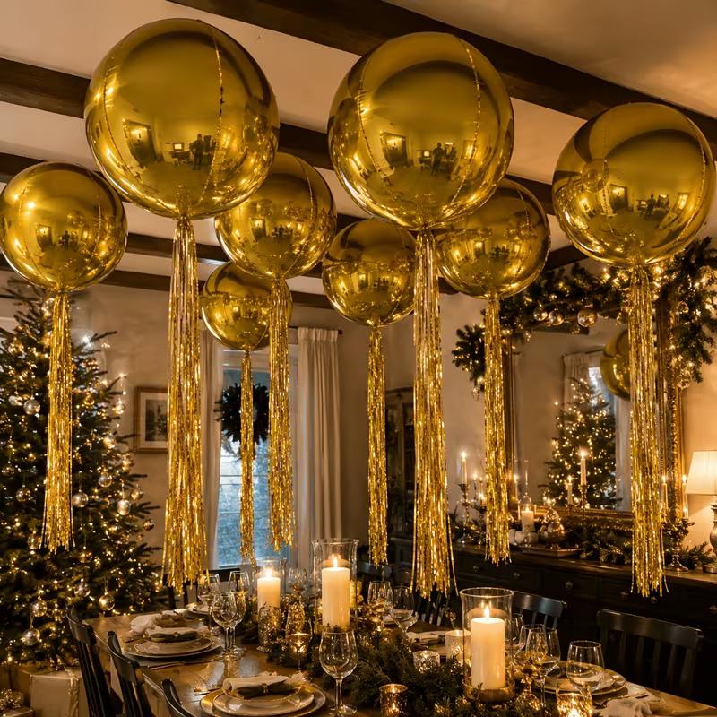 12Pcs Gold 4D Foil Balloon Set With Glue Dots, Reusable Disco Ball, Christmas Winter Birthday Wedding New Year Party Decor