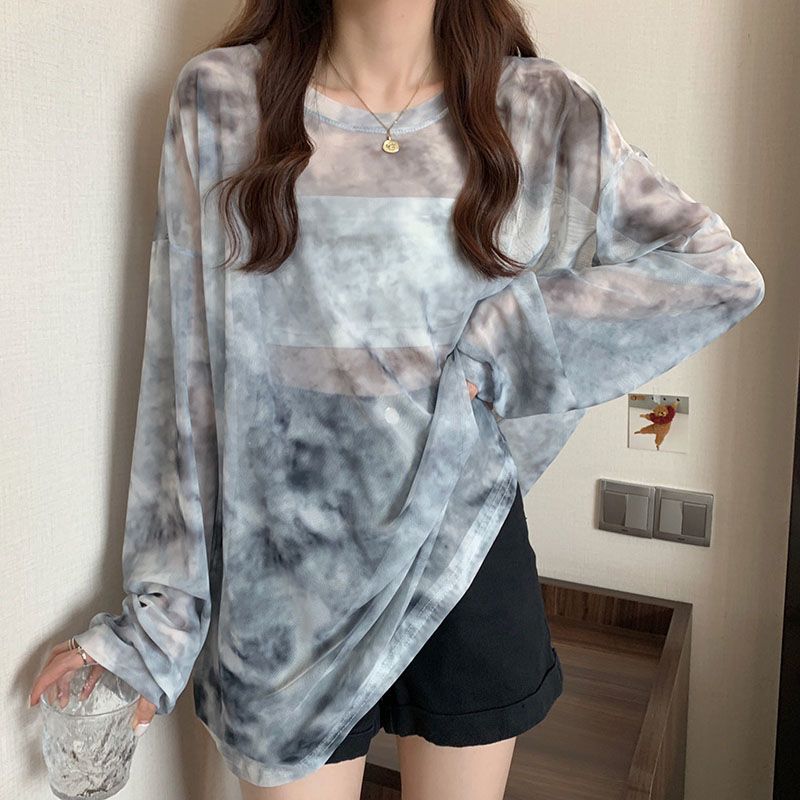 Summer Mesh Sunscreen Shirt Spicy Girl Top Design Feel Loose Tie-dyed Long-sleeved T-shirt Women's Fashion