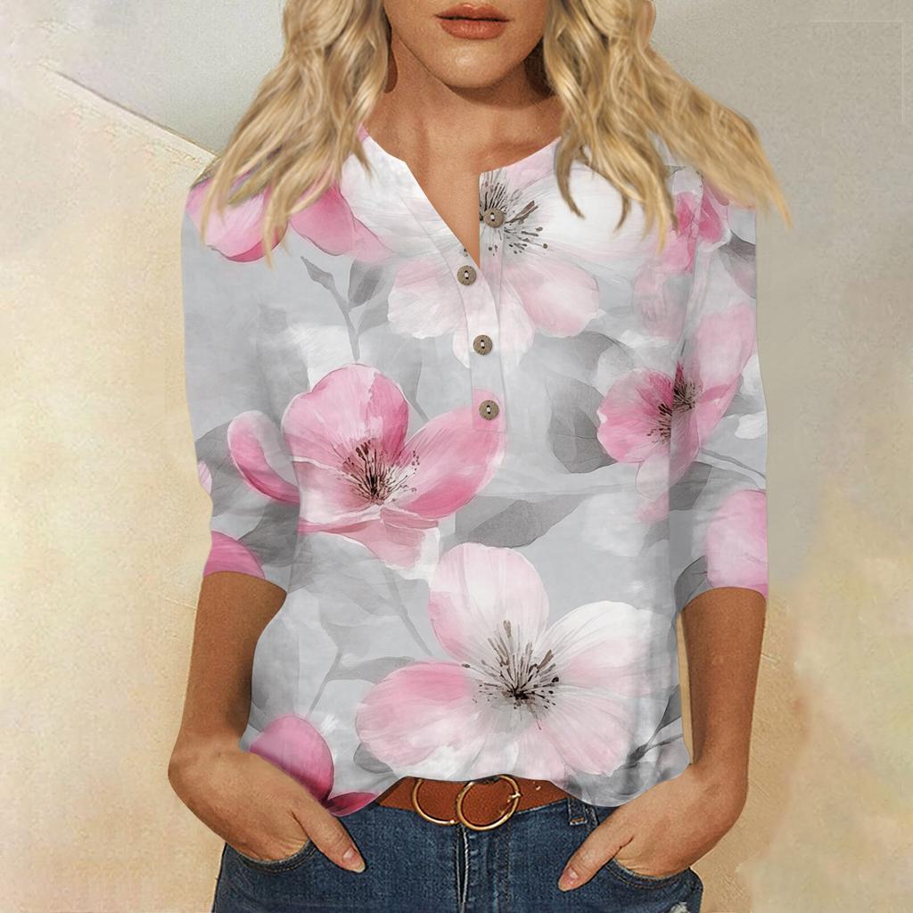 Женский свободный повседневный топ с рукавом семь четвертей и цветочным принтом с круглым вырезом на пуговицах