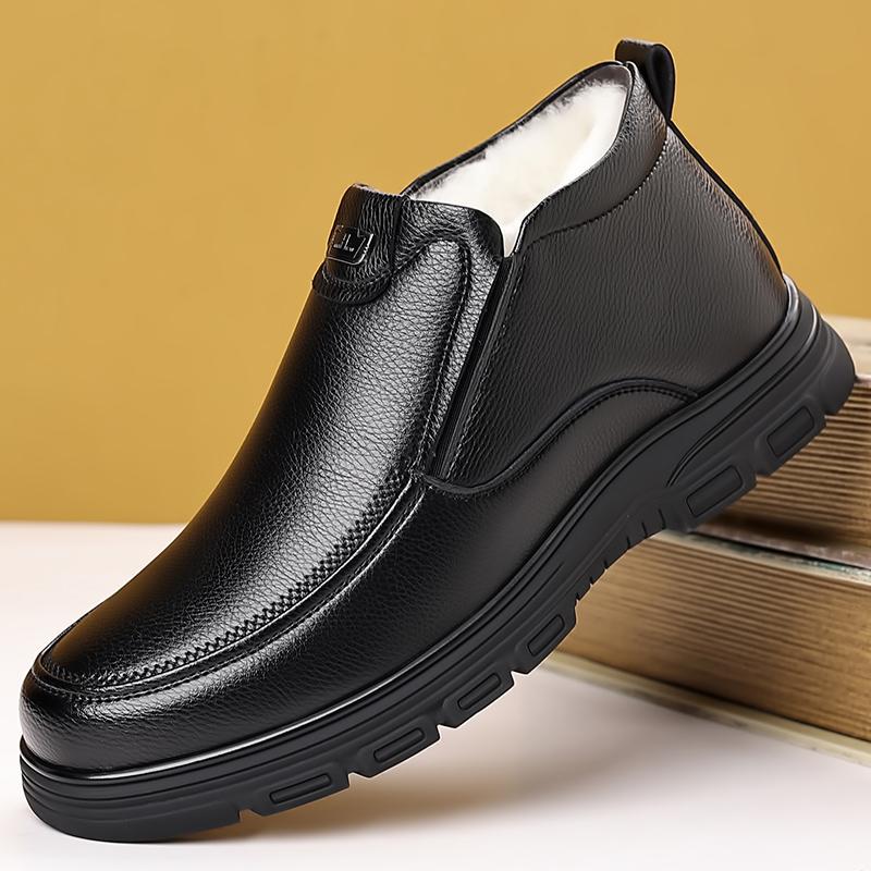 Fashion Classic Brand Simple Black Men's Business Casual Shoes Leather High Top Shoes Winter New Men's Velvet Cotton Shoes Thick Sole