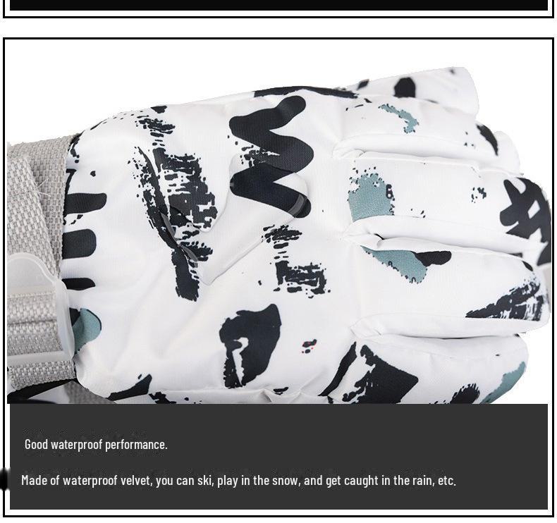 Холодостойкие, водонепроницаемые лыжные перчатки с рисунком граффити для мужчин и женщин. Утолщенная бархатная подкладка обеспечивает тепло и нескользящее сцепление.