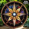 Boho Compass Rose Star Map Round Metal Sign Stained Glass Effect Wall Art Decor