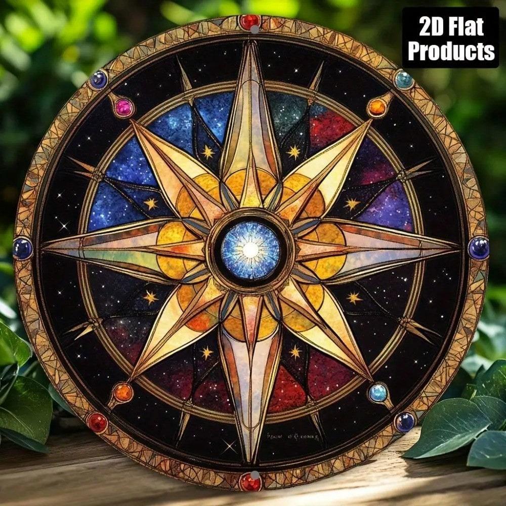 Boho Compass Rose Star Map Round Metal Sign Stained Glass Effect Wall Art Decor