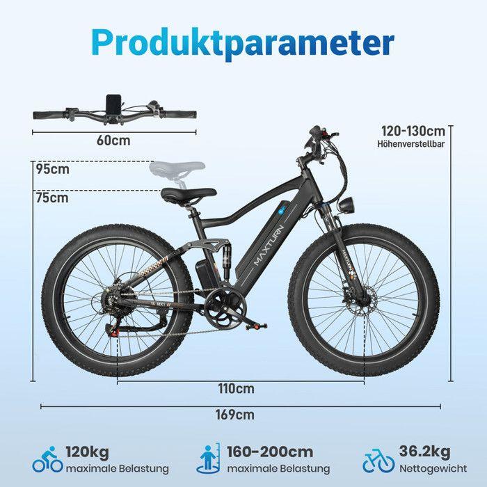 Vélo électrique - Maxturn MX1-BLACK - Moteur 500 W - Batterie 48V 13Ah - Autonomie 80–100 km - Roues 26"