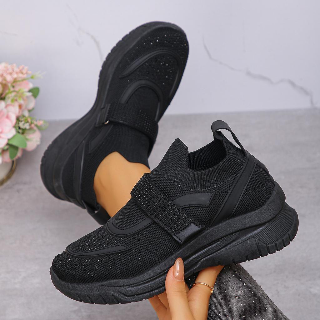 Женские кроссовки Flyknit широкой полноты с кристальной отделкой - Повседневная обувь на глубокой V-образной платформе с ремешком на липучке с бусинами, Дышащие модные кроссовки