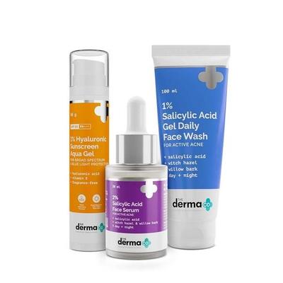 Набор Derma Co Anti Acne Kit | Набор для ежедневного ухода за кожей | 1% гель с салициловой кислотой + 2% сыворотка с салициловой кислотой + 1% гиалуроновый солнцезащитный аквагель
