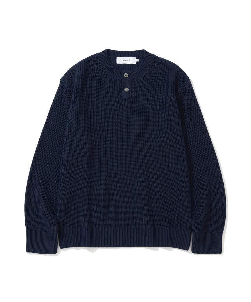 KNITTED Cotton Henley Neck Waffle Knit Navy