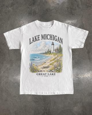 Lake Michigan Shirt, Retro Lighthouse Graphic Tee, Great Lakes Travel Gift