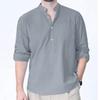 Men's Long-sleeved Vacation Shirt, Casual Life with Pocket Solid Color Cotton Long-sleeved Button Henry Shirt