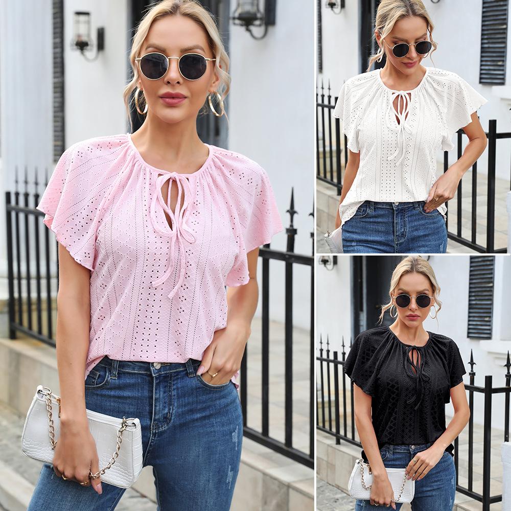 Полые жаккардовые блузки с рукавами реглан, рюшами и рукавами реглан, однотонный топ на шнуровке с короткими рукавами, женская летняя блузка