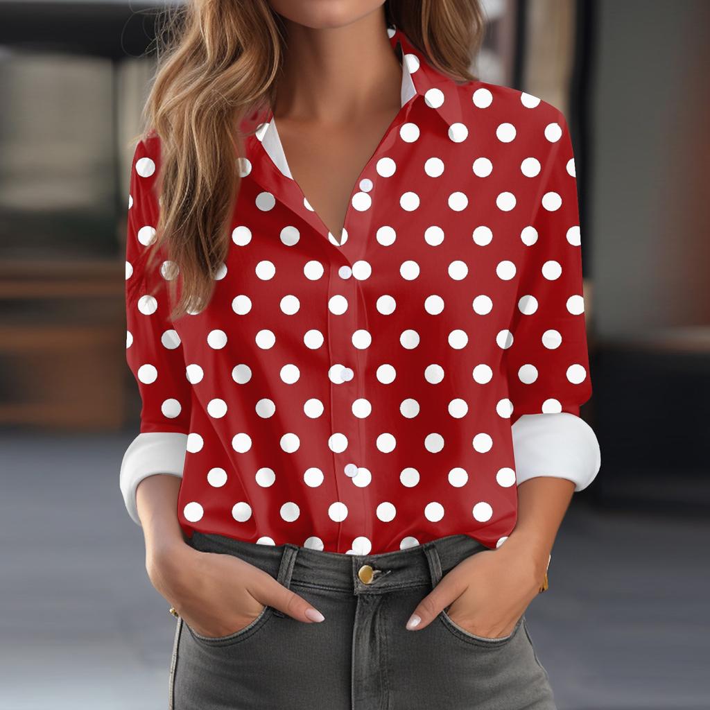 Женская рубашка-блузка с принтом и пуговицами, длинный рукав, повседневный базовый рубашечный воротник, обычный топ