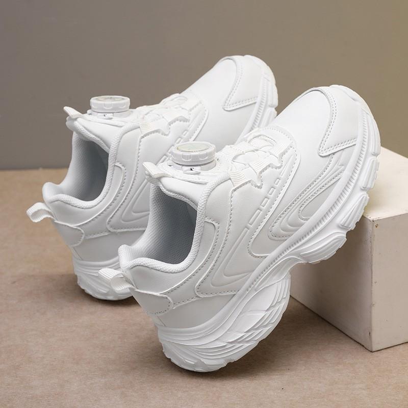 Kids White Black Sneakers School Sports Dance Running Shoes With Rotary Buckle Closure