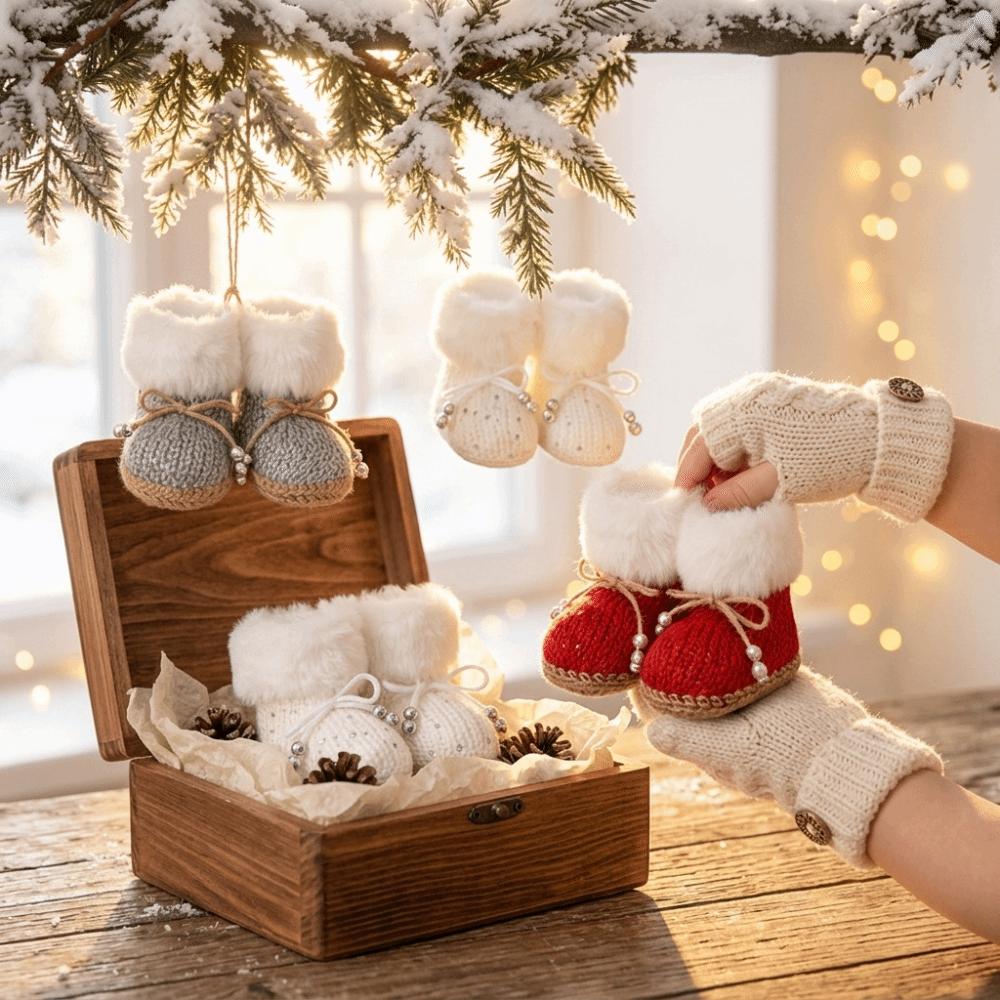Bow Beads Knitted Christmas Boots Built-in Hanging Loop Boot-Shaped Ornament Box Embellishment