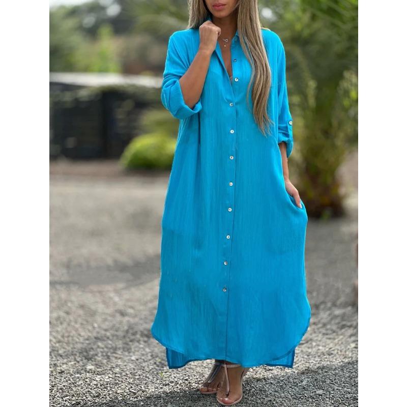 Women's Plus Size Maxi Dress Lapel V-Neck Long Sleeve Dress Casual Solid Color Single-Breasted Long Dress