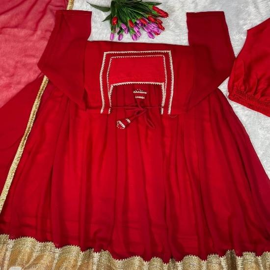Women's Solid Red Georgette Anarkali Gown Set with Dupatta