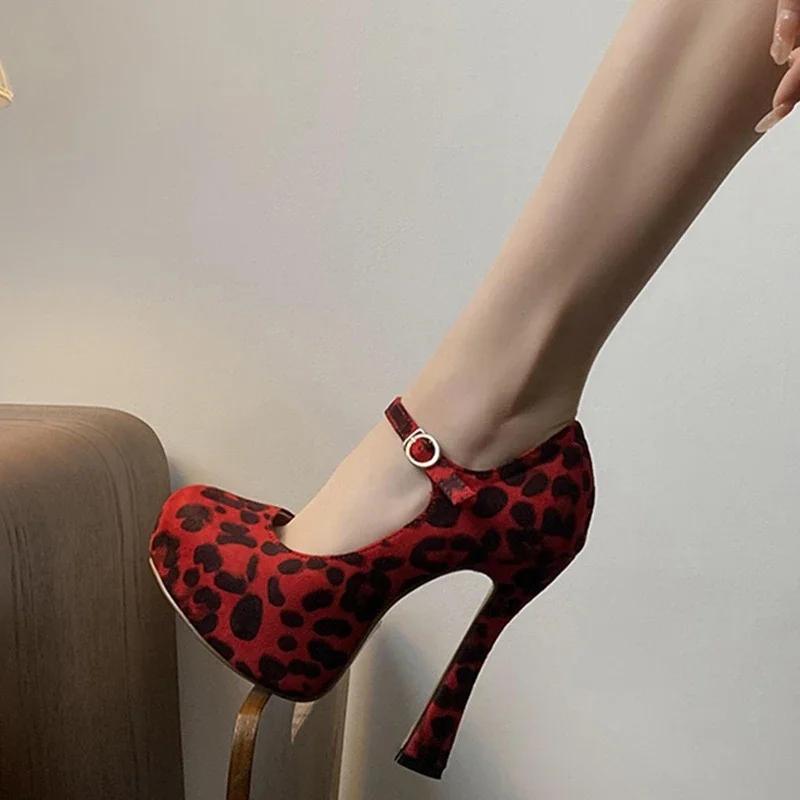 Весна/осень Туфли на высоком каблуке с леопардовым принтом для женщин Туфли-лодочки на низком каблуке Женские туфли с пряжкой на ремне для вечеринки