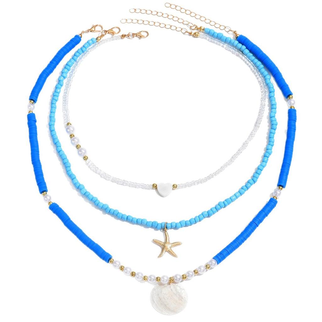 Bohemian Blue Color Rice Seashell Beads Starfish Pendant Necklace for Women Multi-Layer Chain Clavicle Necklace Summer Jewelry