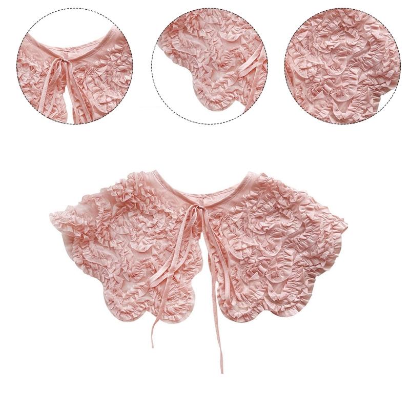 Womens Summer Sweet Ruffled Ruched Pink Detachable Fake Collar Elegant Jacquard Lace Up Bowknot Shawl Wrap Scarf Capelet