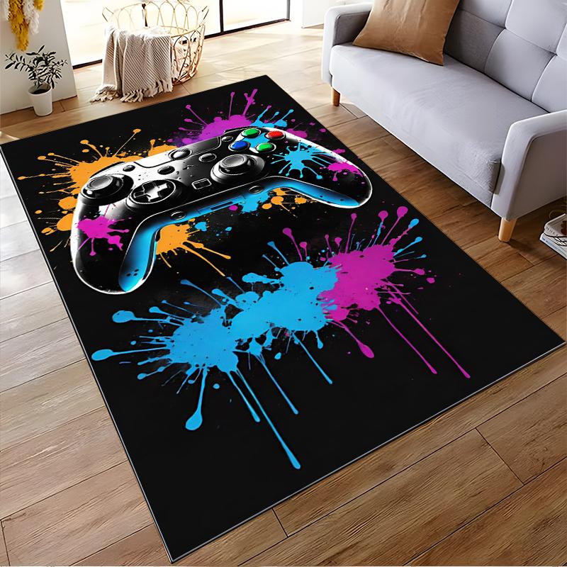 Gaming Controller Carpet with Colorful Splash Design on Black Background Suitable for use as an anti-slip for living room bedroom sofas
