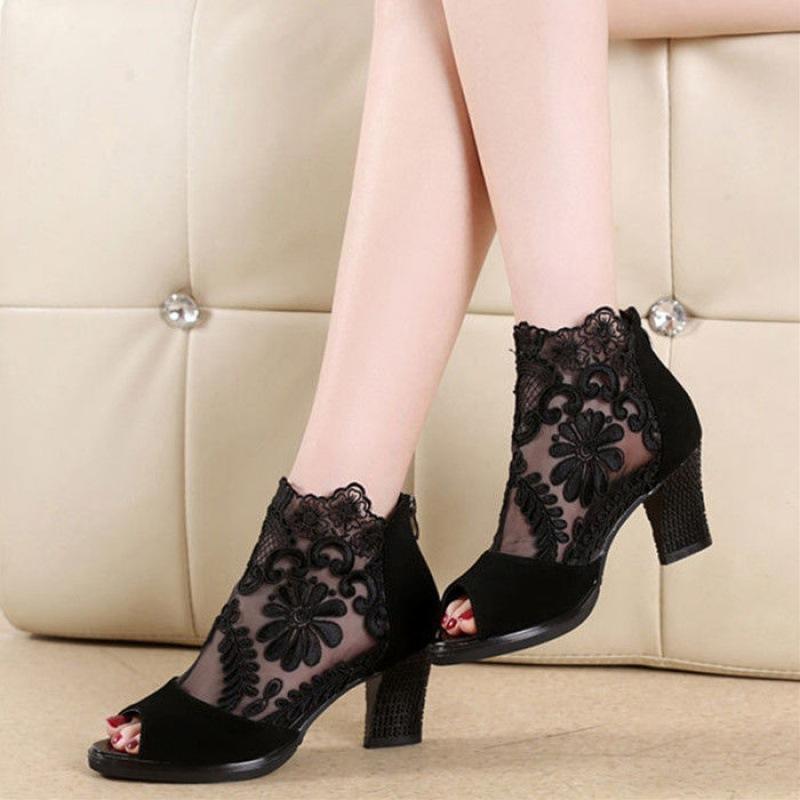 New Fish Mouth Shoes Mid Heel 6cm Large Sandals Breathable Mesh Shoes Women's Lace Casual High Heels