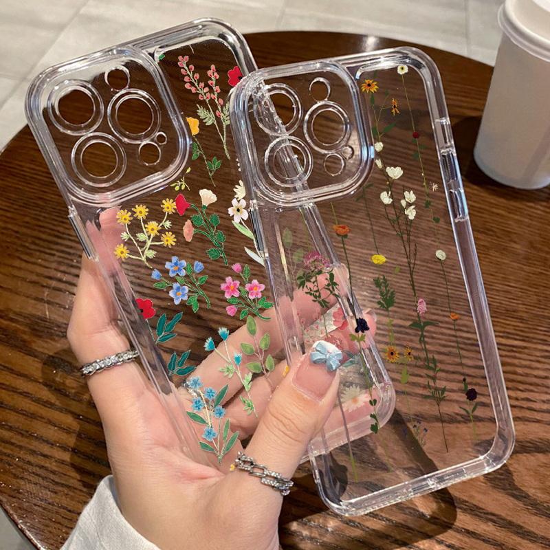 Прозрачный чехол с цветочным принтом для iPhone 16 15 14 11 Pro Max 13 12 Mini 15 14 Plus XR Xs Max 7 8, защита объектива, ударопрочный цветной силиконовый чехол