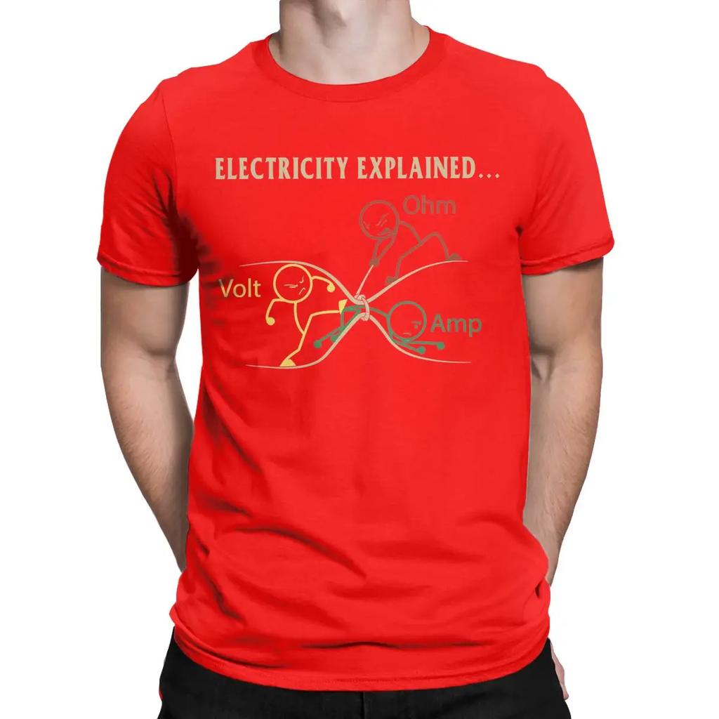 Funny Electricity Explained Physics T-Shirts for Men Volt Ohm Ampere Pure Cotton Tees Crew Neck Short Sleeve T Shirts Clothing