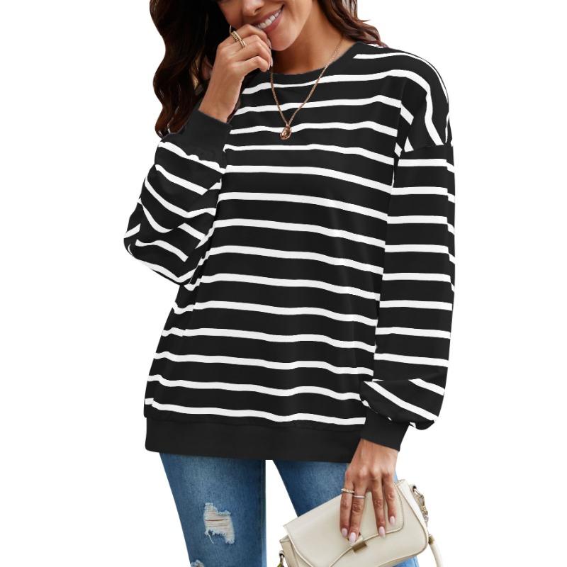 Женская осенняя свободная повседневная толстовка с длинным рукавом в полоску большого размера